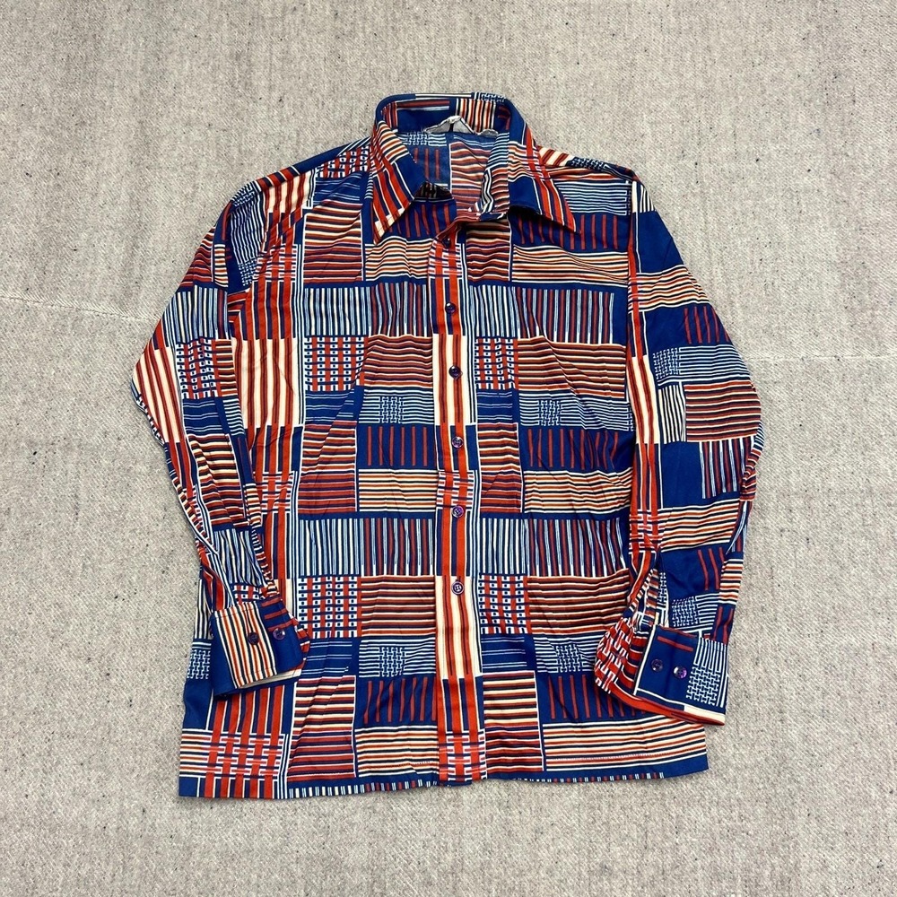 Vintage Quinessa Button Up Shirt Mens XL Blue 1970s Long Sleeve USA